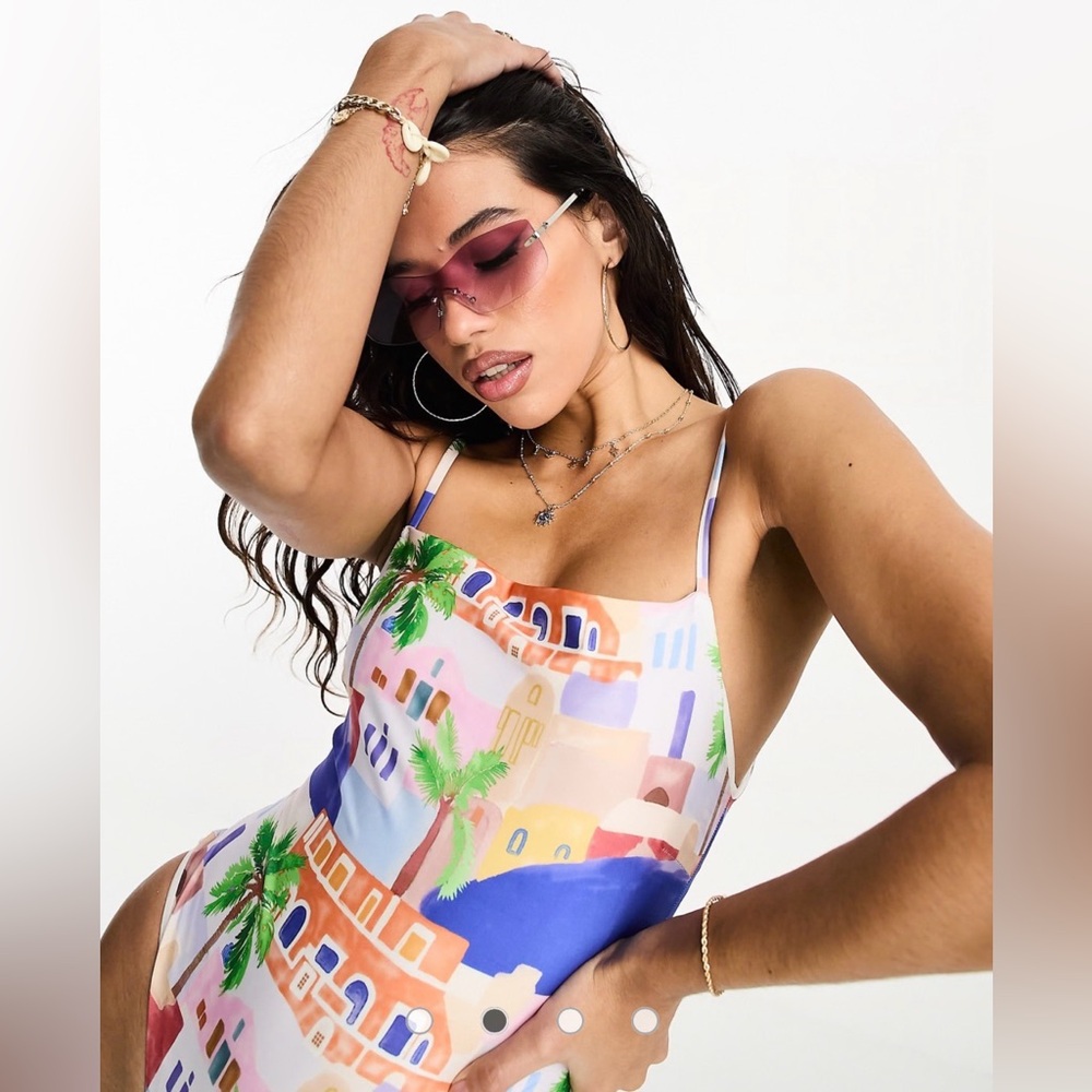 ASOS Square Neck Swimsuit Mykonos Print One Peice Beach Size 6 Medium NWOT - Picture 6 of 6